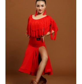 Red black middles long sleeves fringes round neck side split competition performance salsa cha cha samba dance dresses outfits for women ladies
